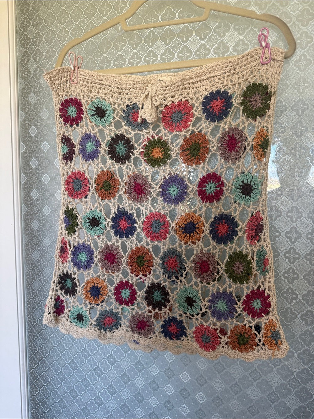 Cream Crochet A-Line Skirt with Multicolor Floral Motifs